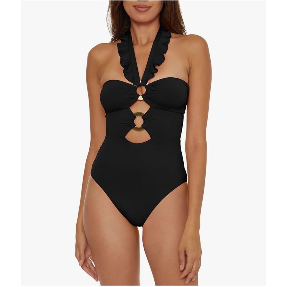 Soluna Swim NWT size XL (14) One Piece Bandeau Swimsuit Cut Out Neckline black